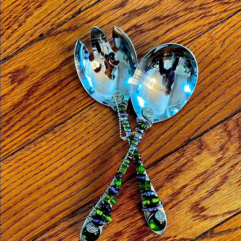 Handcrafted Beaded Salad Server Set - Green and Purple
